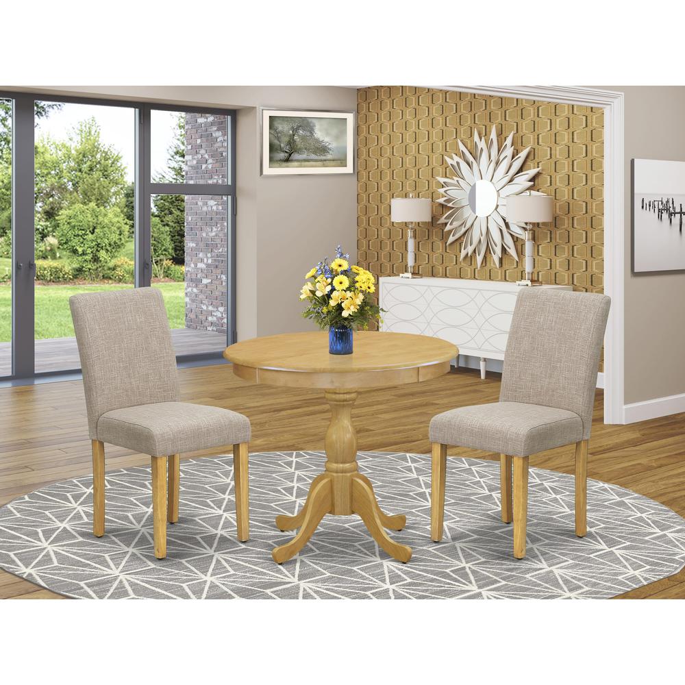 AMAB3-OAK-04 3 Piece Dining Table Set - 1 Wooden Dining Table and 2 Light Tan Padded Chairs - Oak Finish. Picture 7