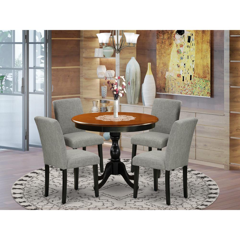 East West Furniture 5-Piece Wood Dining Set Includes a Mid Century Dining Table and 4 Shitake Linen Fabric Parson Chairs with High Back - Black Finish. Picture 2