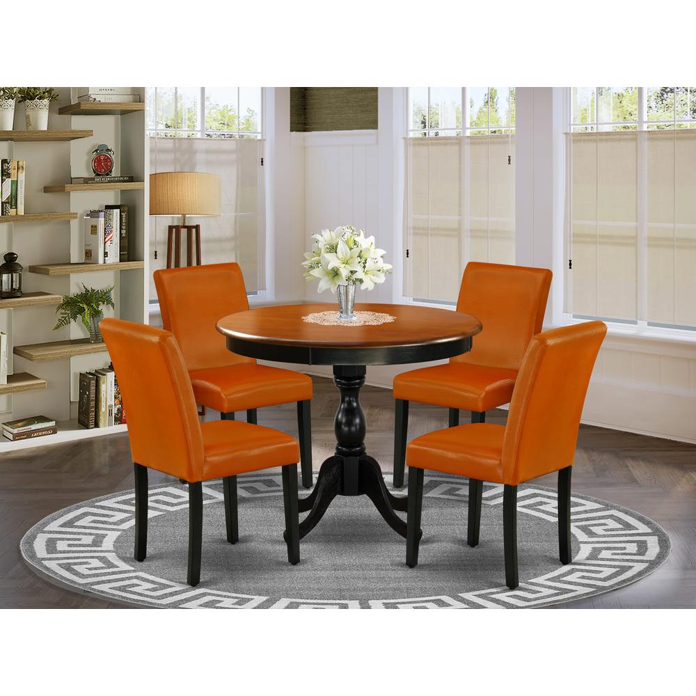 East West Furniture 5-Pc Dining Room Set Includes a Round Dinning Table and 4 Baked Bean PU Leather Dinner Chairs with High Back - Black Finish. Picture 2