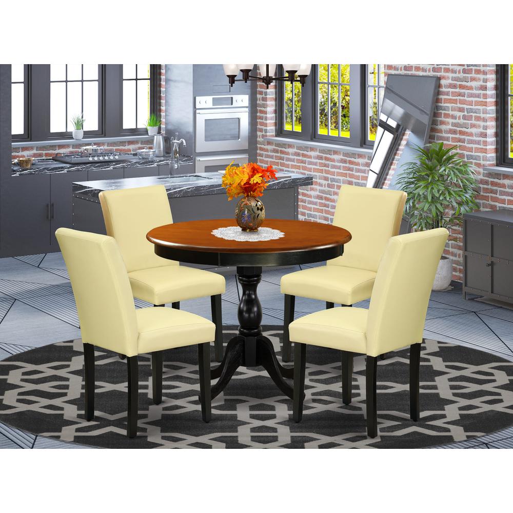 East West Furniture 5-Piece Kitchen Table Set Consists of a Round Dinning Room Table and 4 Eggnog PU Leather Dining Room Chairs with High Back - Black Finish. Picture 2
