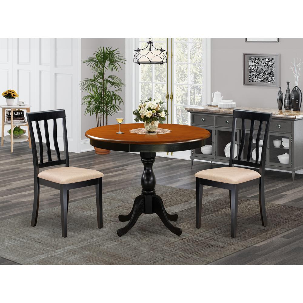 East West Furniture 3-Pc Mid Century Table Set Contains a Dining Room Table and 2 Linen Fabric Mid Century Dining Chairs with Slatted Back - Black Finish. Picture 2