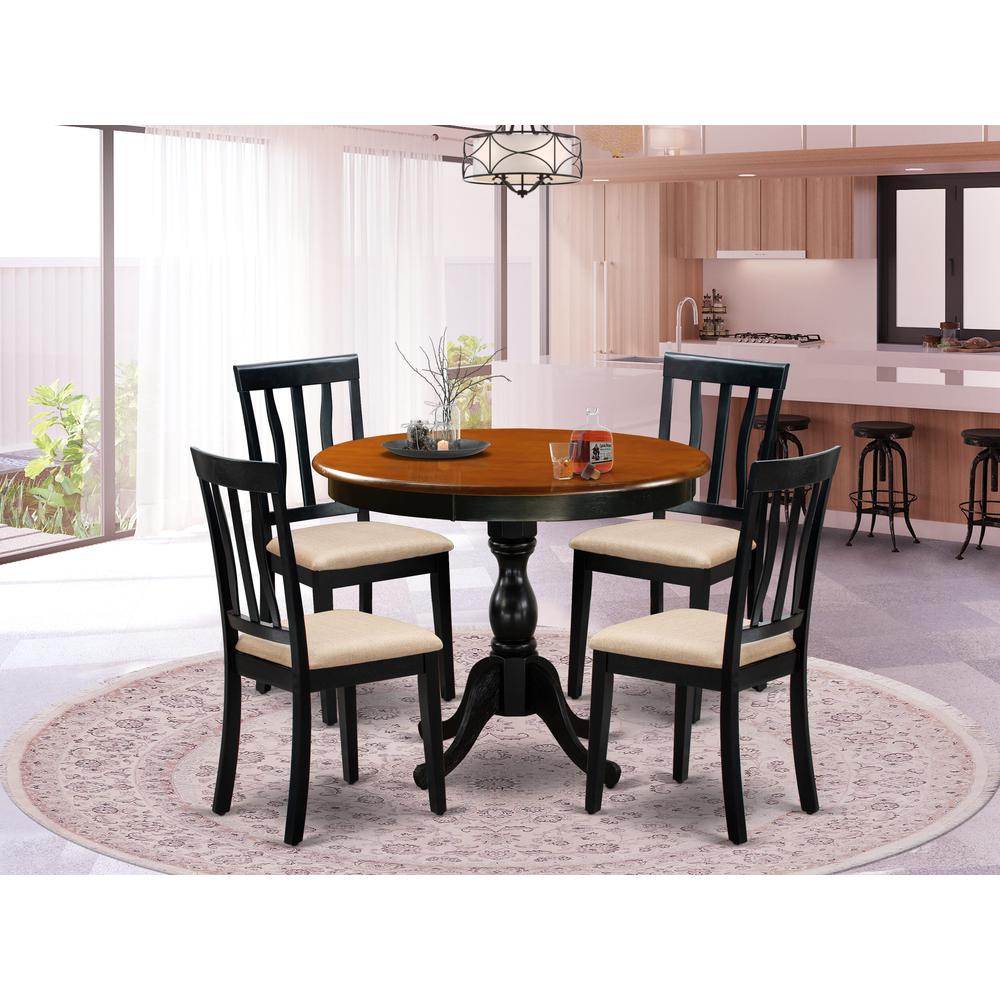 East West Furniture 5-Pc Modern Dining Table Set Consists of a Kitchen Dining Table and 4 Linen Fabric Dining Room Chairs with Slatted Back - Black Finish. Picture 2