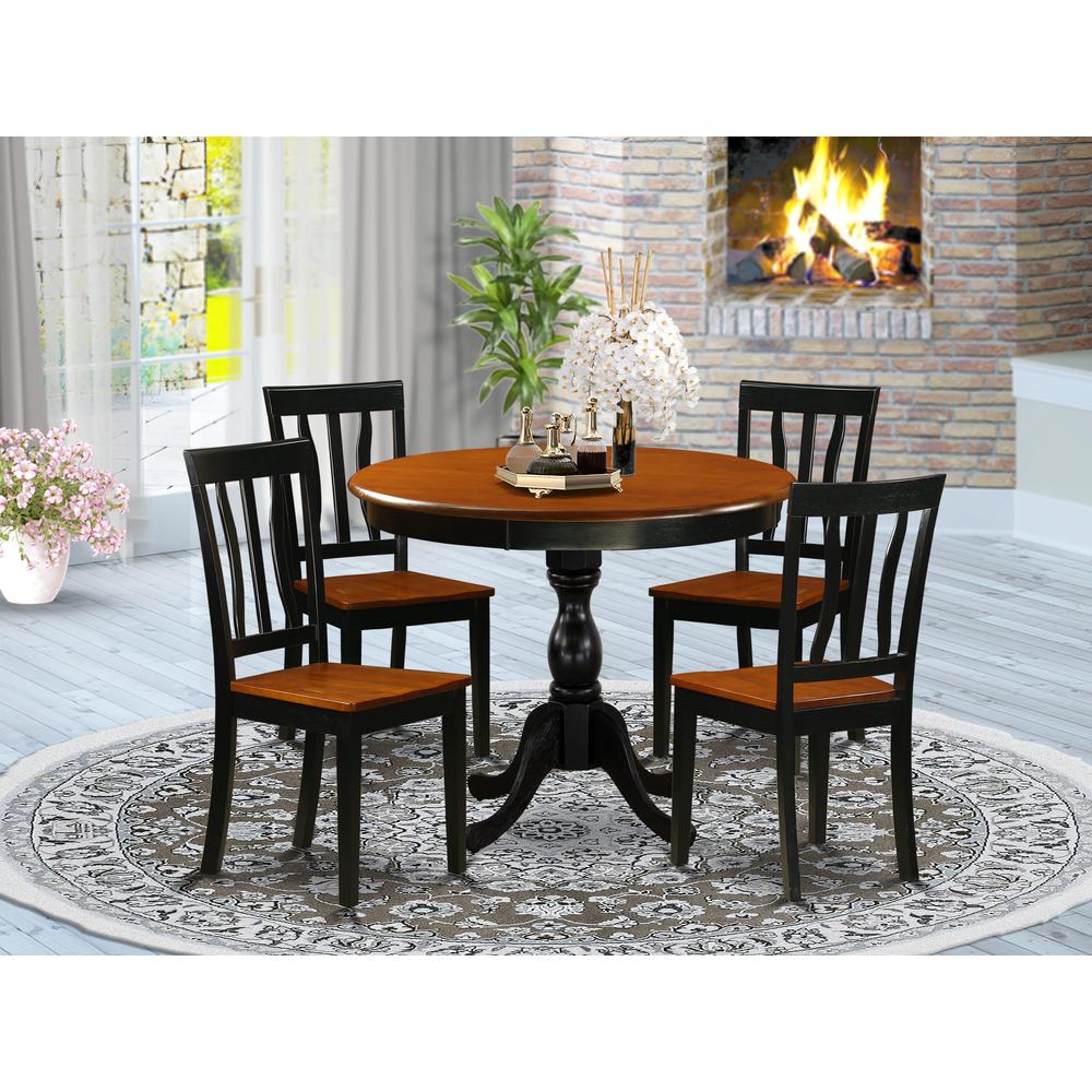 East West Furniture 5-Piece Mid Century Dining Set Include a Kitchen Table and 4 Wooden Chairs with Slatted Back - Black Finish. Picture 2