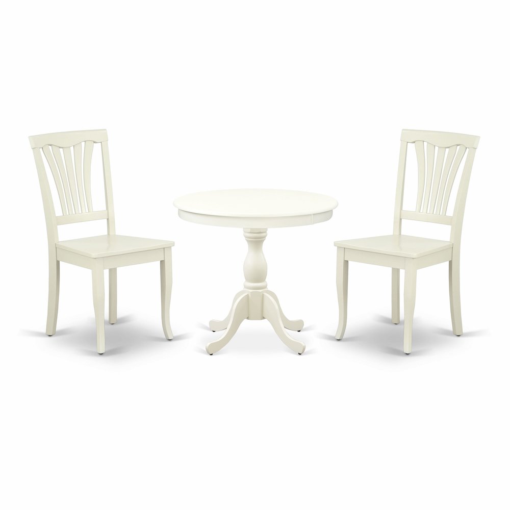 East West Furniture 3 Piece Dining Table Set Includes 1 Round Pedestal Dining Table and 2 Linen White Dinning Room Chairs with Slatted Back - Linen White Finish. Picture 1