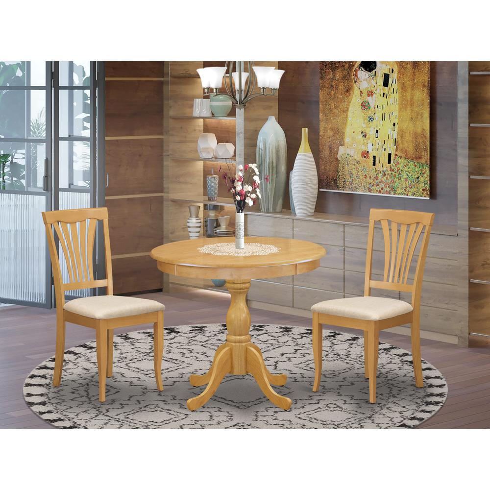 AMAV3-OAK-C 3 Piece Dining Room Set - 1 Kitchen Table and 2 Oak Linen Fabric Dinning Room Chairs - Oak Finish. Picture 4