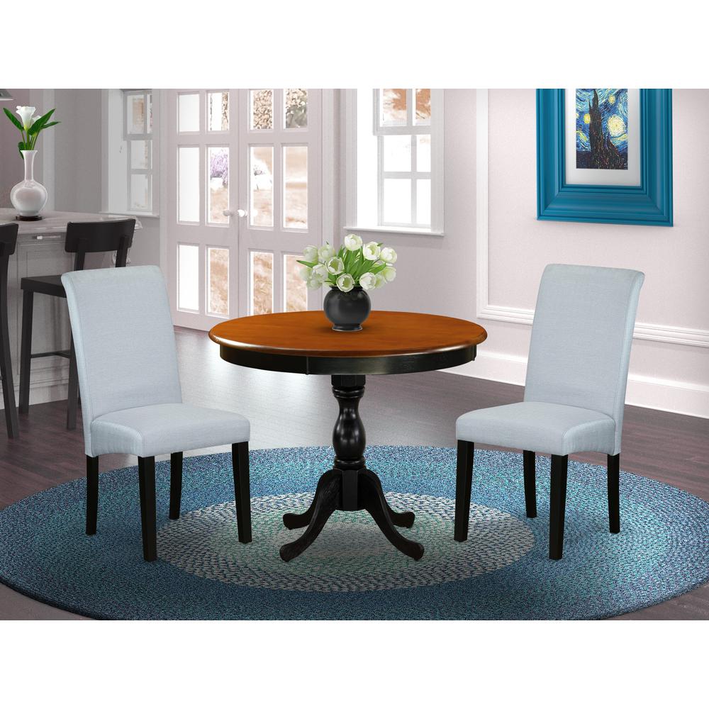 East West Furniture 3-Pc Kitchen Table Set Consists of a Wood Dining Table and 2 Grey Linen Fabric Kitchen Chairs with High Back - Black Finish. Picture 2