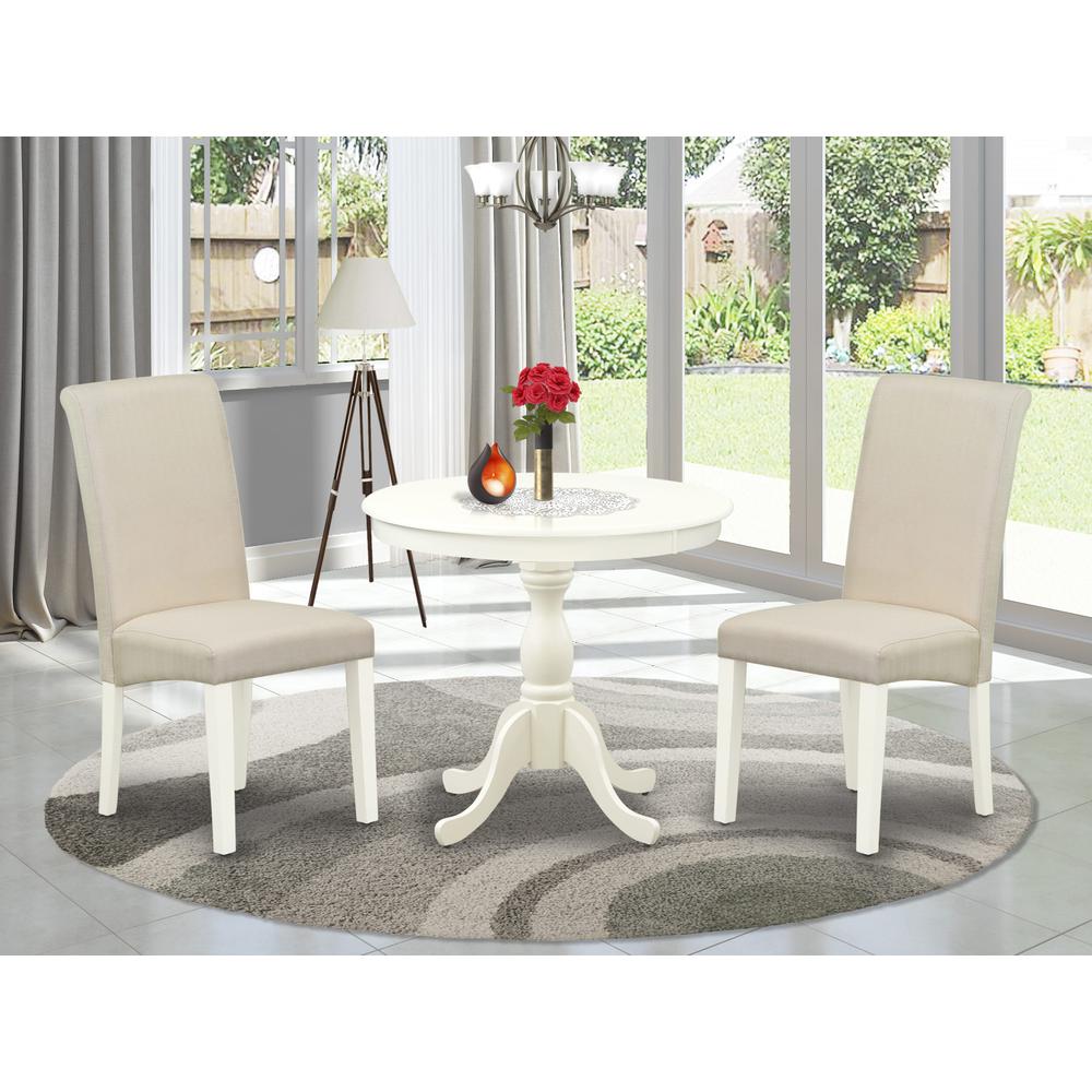 East West Furniture 3 Piece Dining Room Set Includes 1 Pedestal Table and 2 Cream Linen Fabric Kitchen Chairs with High Back - Linen White Finish. Picture 2