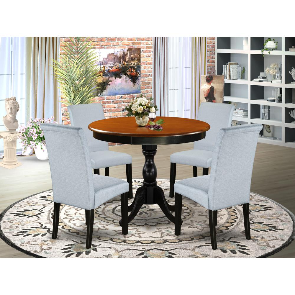 East West Furniture 5-Piece Dining Room Table Set Includes a Dinette Table and 4 Grey Linen Fabric Parsons Chairs with High Back - Black Finish. Picture 2