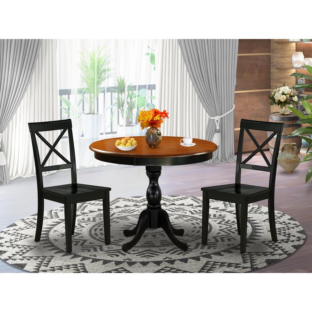East West Furniture 3-Pc Kitchen Dining Table Set Includes a Dinner Table and 2 Wooden Dining Chairs with X-Back - Black Finish. Picture 2