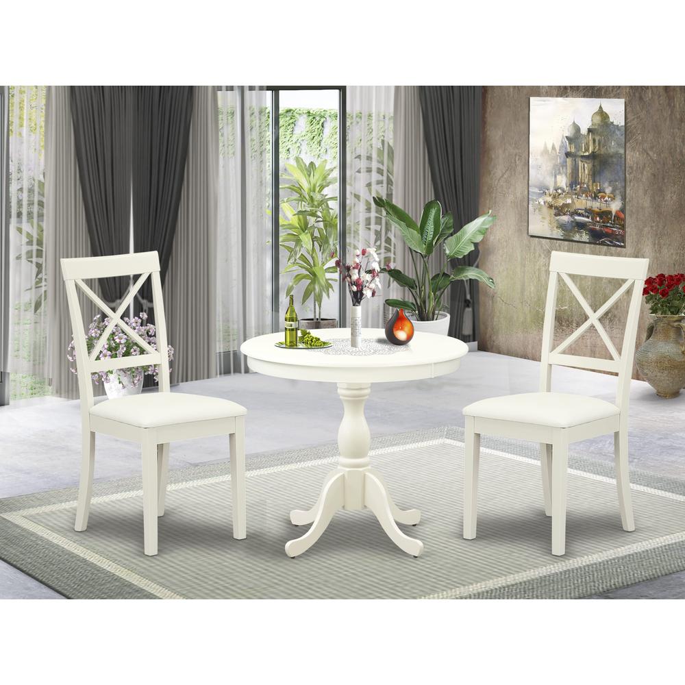 AMBO3-LWH-C 3 Pc Dining Room Set - 1 Pedestal Dining Table and 2 Linen White Dining Chair - Linen White Finish. Picture 4