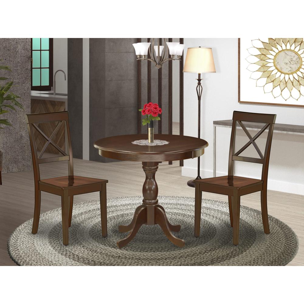 AMBO3-MAH-W 3 Pc Dining Room Set - 1 Round Pedestal Table and 2 Mahogany Dinning Chairs - Mahogany Finish. Picture 7
