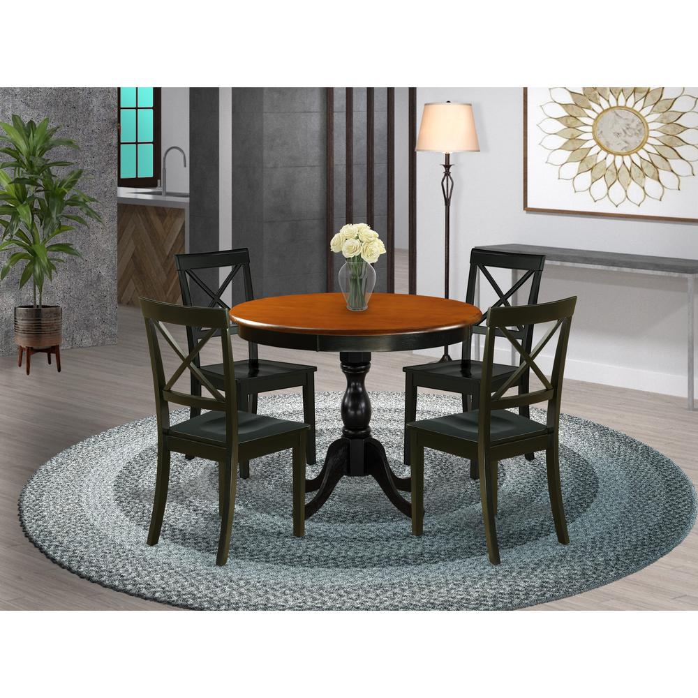 East West Furniture 5-Piece Round Table Set Contains a Dinner Table and 4 Dining Room Chairs with X-Back - Black Finish. Picture 2