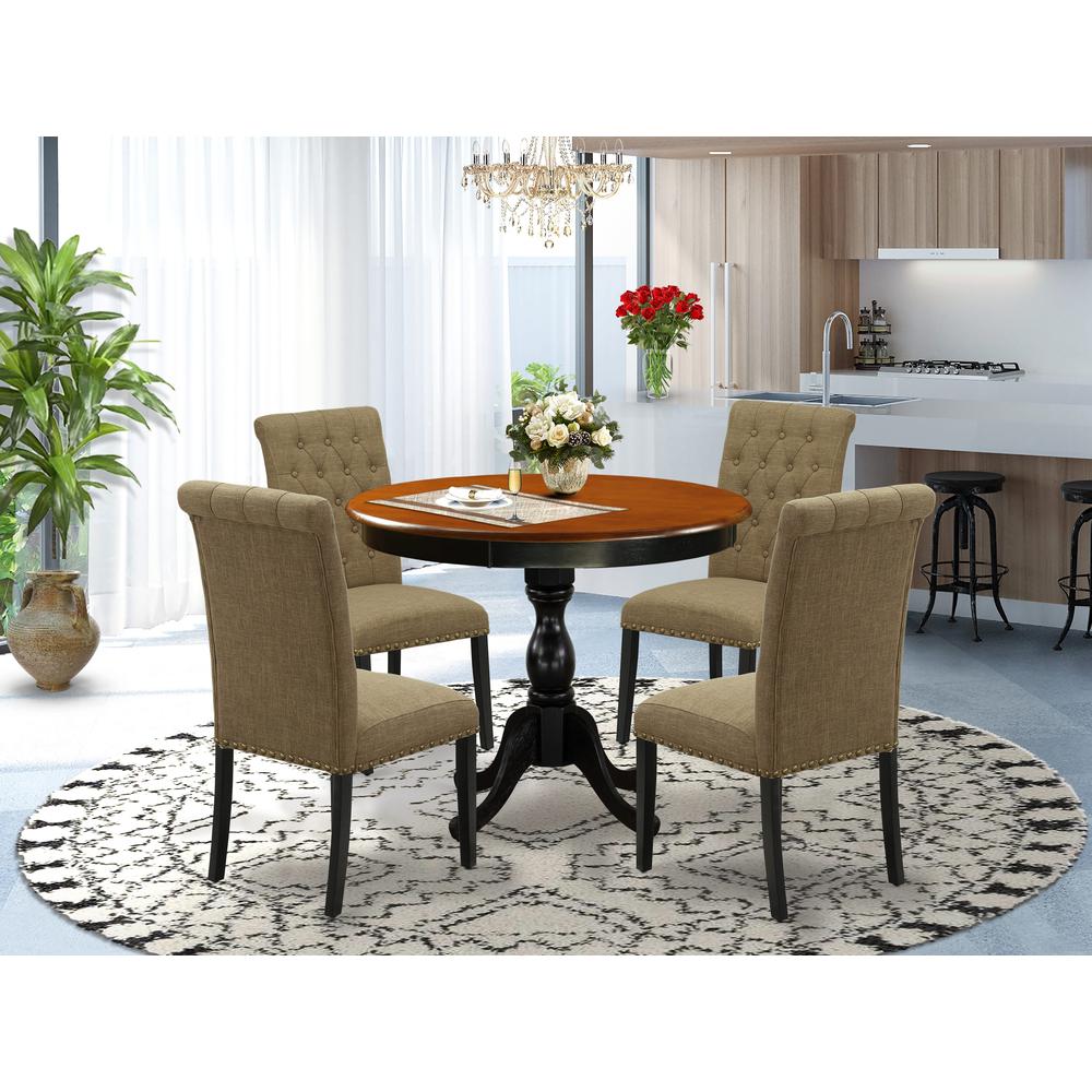 East West Furniture 5-Piece Dinning Table Set Includes a Dinning Table and 4 Light Sable Linen Fabric Modern Dining Chairs with Button Tufted Back - Black Finish. Picture 2