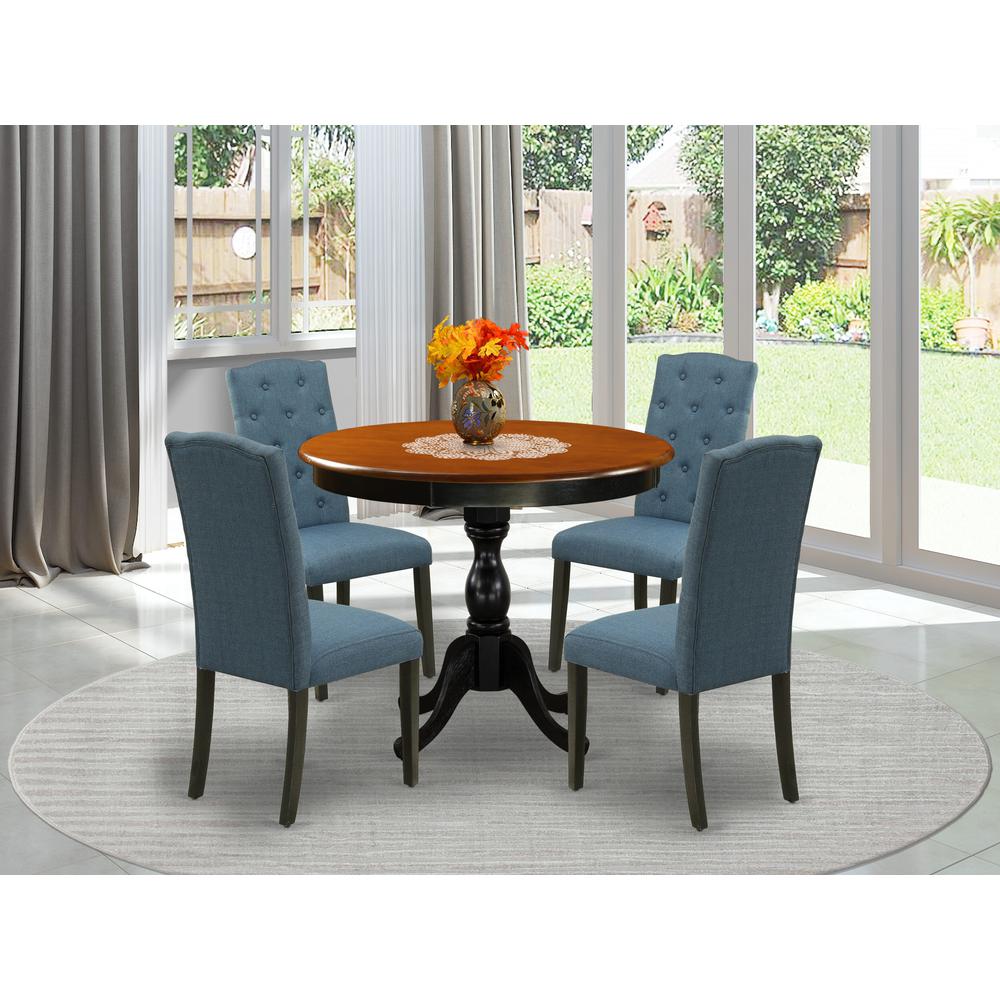 East West Furniture 5-Piece Wooden Dining Set Consists of a Wood Kitchen Table and 4 Blue Linen Fabric Parson Chairs with Button Tufted Back - Black Finish. Picture 2