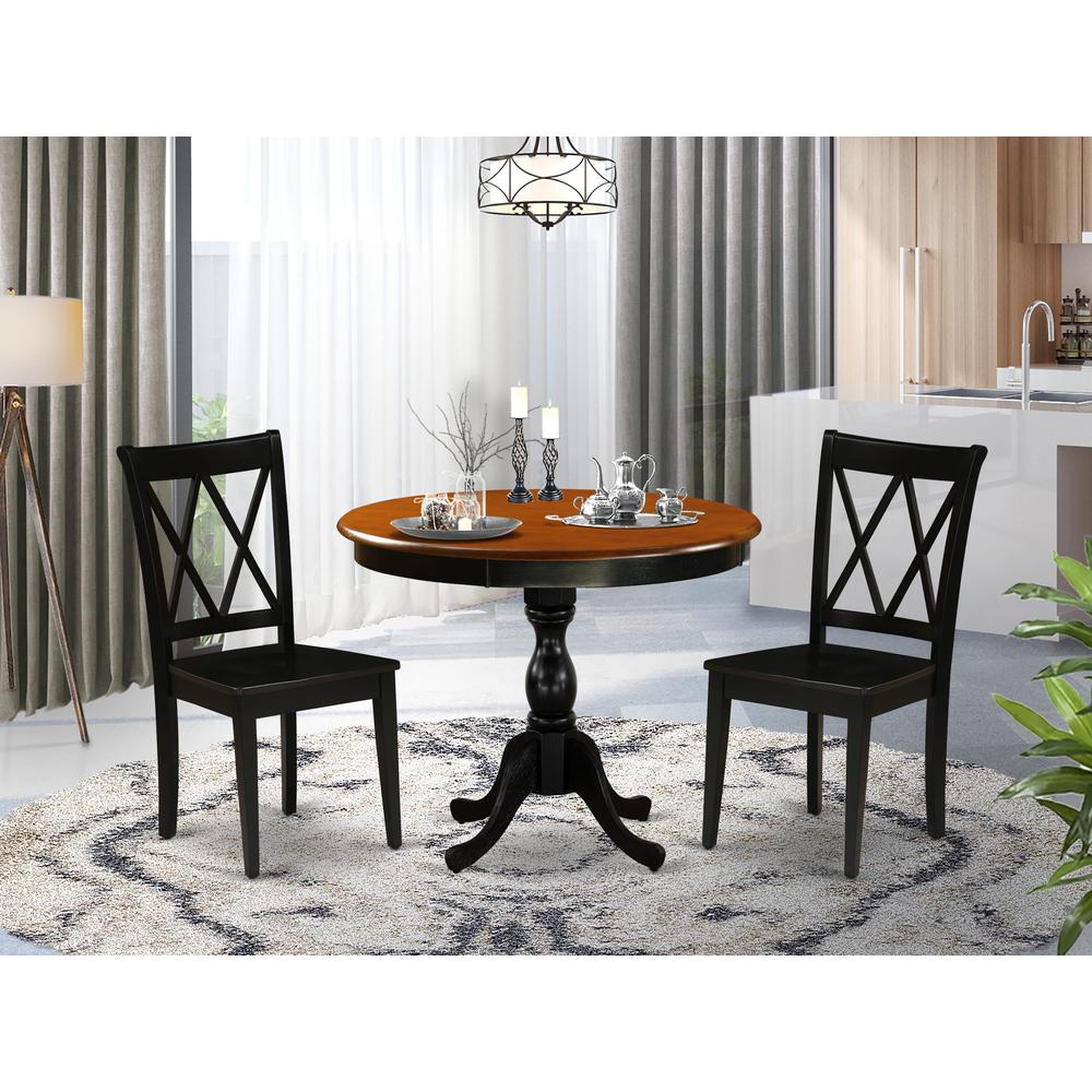 East West Furniture 3-Piece Dinning Room Set Contains a Wooden Table and 2 Wooden Dining Chairs with Double-X Back - Black Finish. Picture 6