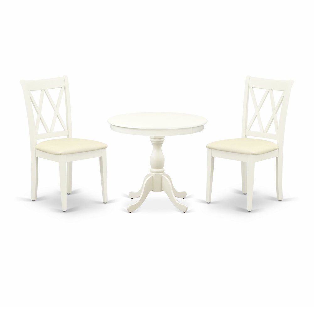 East West Furniture 3 Piece Dinning Room Table Set Contains 1 Wood Table and 2 Linen White Dining Room Chairs with Double X-Back - Linen White Finish. Picture 1
