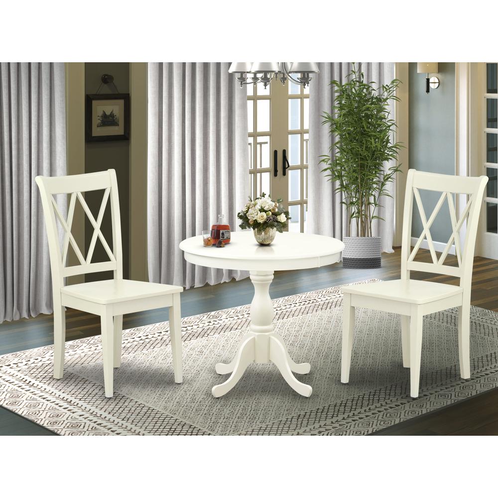 AMCL3-LWH-W 3 Piece Dining Room Set - 1 Pedestal Table and 2 Linen White Wooden Chairs - Linen White Finish. Picture 7