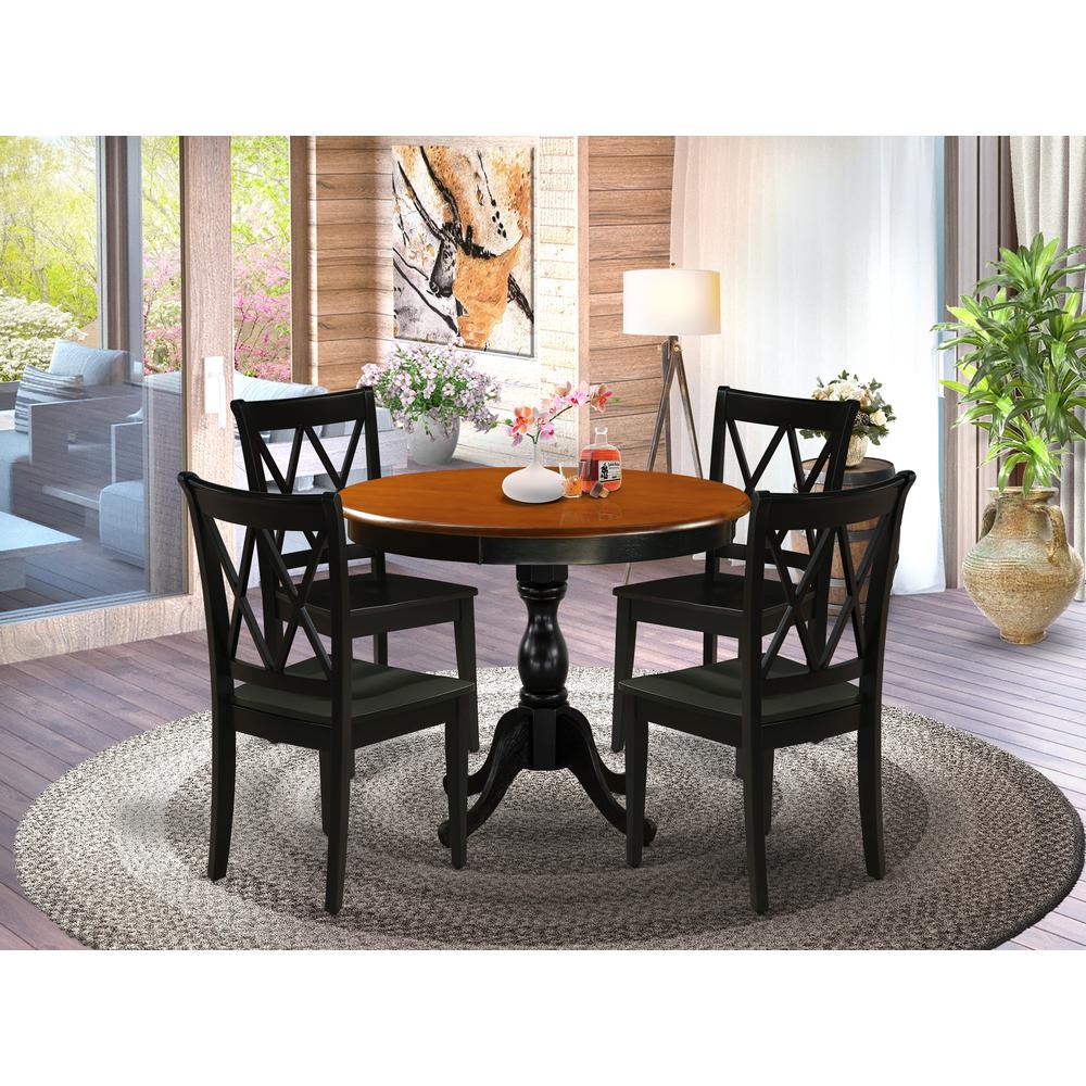 East West Furniture 5-Piece Dining Room Set Contains a Modern Dining Table and 4 Mid Century Dining Chairs with Double-X Back - Black Finish. Picture 2