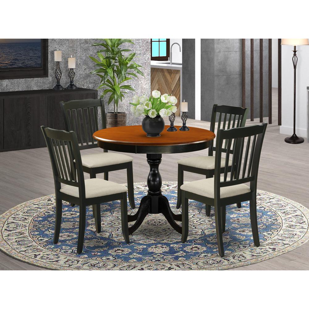 East West Furniture 5-Piece Modern Dining Set Includes a Round Wood Table and 4 Linen Fabric Dining Room Chairs with Slatted Back - Black Finish. Picture 2