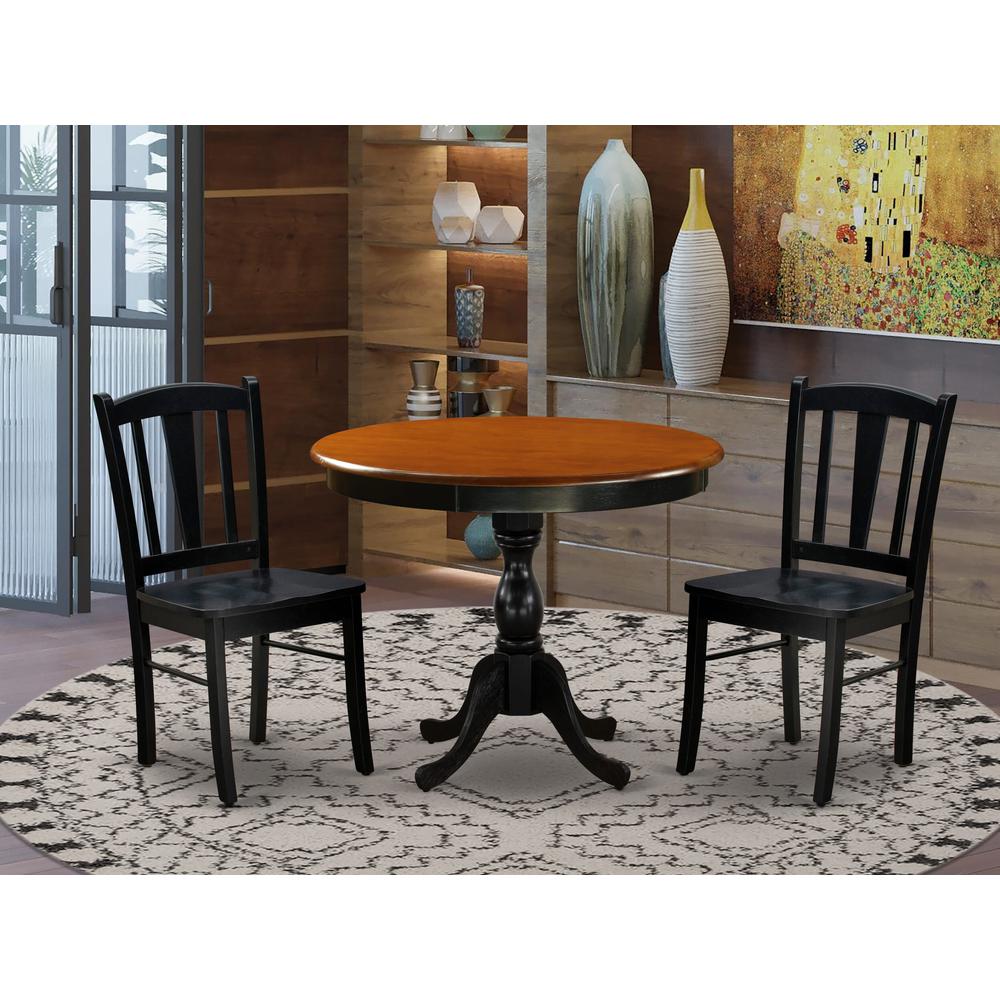 East West Furniture 3-Pc Kitchen Dining Table Set Contains a Dining Table and 2 Mid Century Dining Chairs with Slatted Back - Black Finish. Picture 2