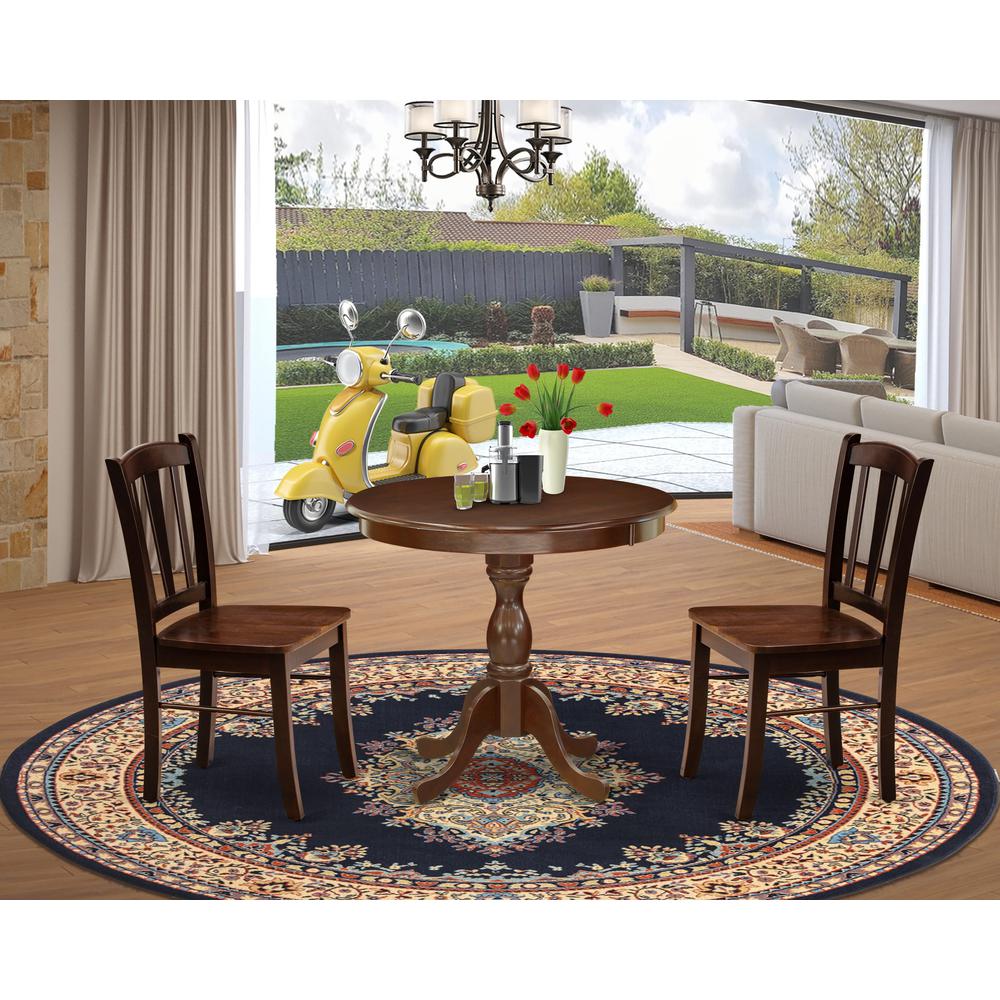AMDL3-MAH-W - 3-Pc Dining Room Table Set- 2 Modern Dining Chairs and Wooden Dining Room Table - Wooden Seat and Slatted Chair Back - Mahogany Finish. Picture 2