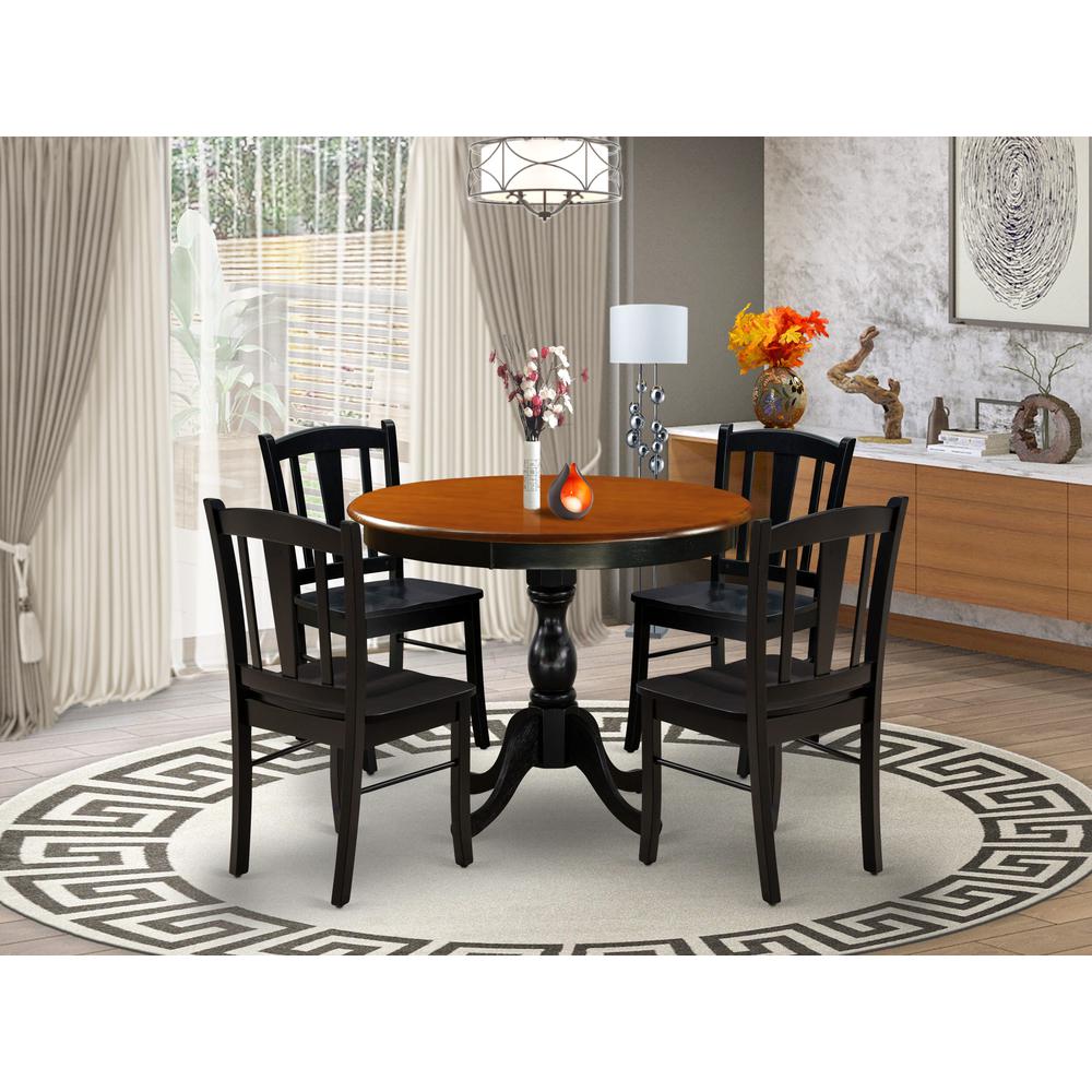 East West Furniture 5-Piece Modern Dining Set Includes a Round Wood Table and 4 Dining Room Chairs with Slatted Back - Black Finish. Picture 2