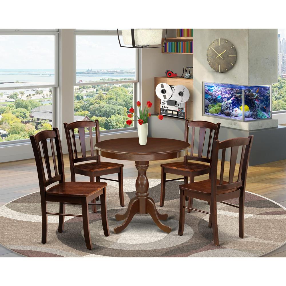 AMDL5-MAH-W - 5-Piece Modern Dining Set- 4 Dining Chair and Wood Dining Table - Wooden Seat and Slatted Chair Back - Mahogany Finish. Picture 2