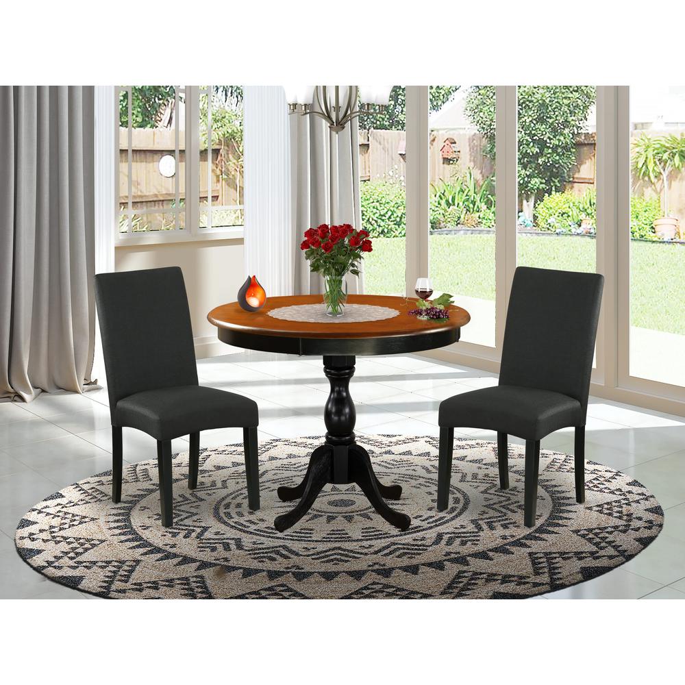 East West Furniture 3-Pc Dinner Table Set Contains a Round Dining Room Table and 2 Black Linen Fabric Parsons Chairs with High Back - Black Finish. Picture 2