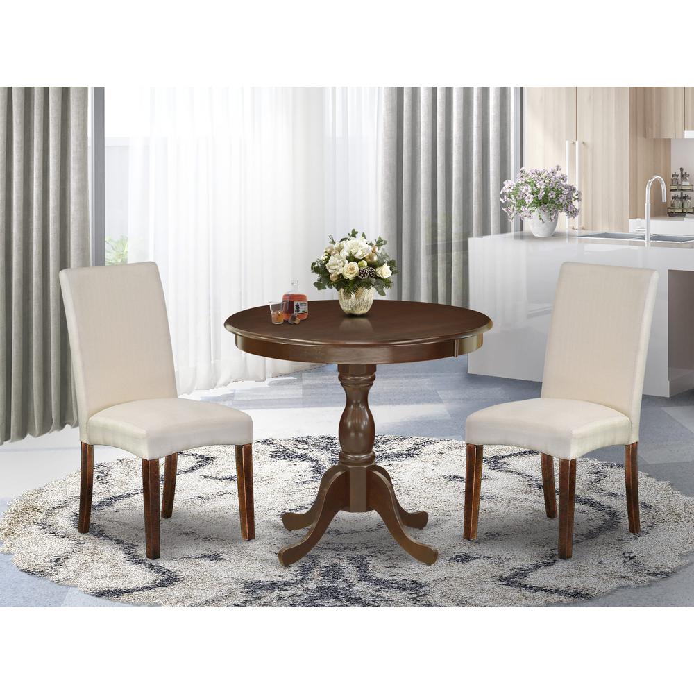 AMDR3-MAH-01 3 Piece Dining Table Set - 1 Wooden Dining Table and 2 Cream Padded Chairs - Mahogany Finish. Picture 2