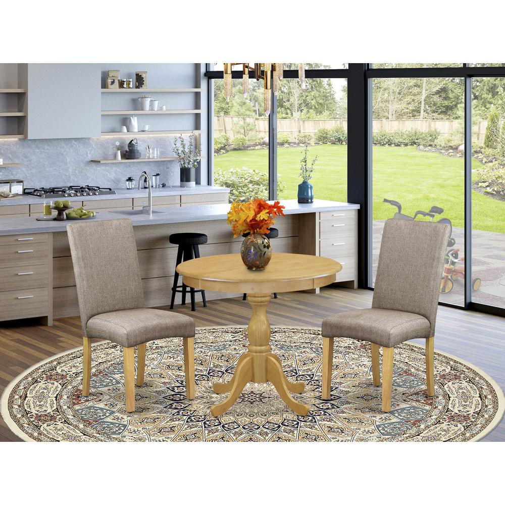 AMDR3-OAK-16 3 Piece Dining Table Set - 1 Pedestal Dining Table and 2 Dark Khaki Parson Chairs - Oak Finish. Picture 2