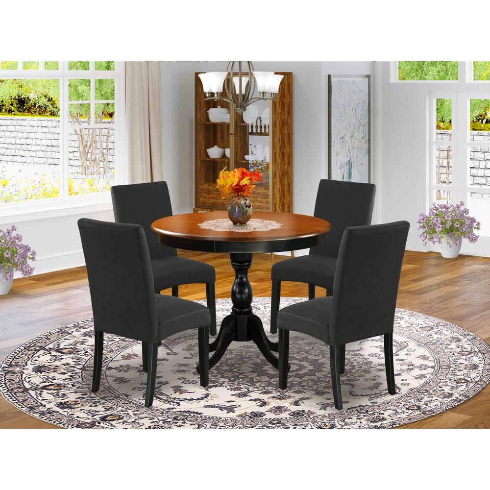 East West Furniture 5-Piece Round Dining Set Includes a Wooden Dinner Table and 4 Black Linen Fabric Parson Dining Chairs with High Back - Black Finish. Picture 2