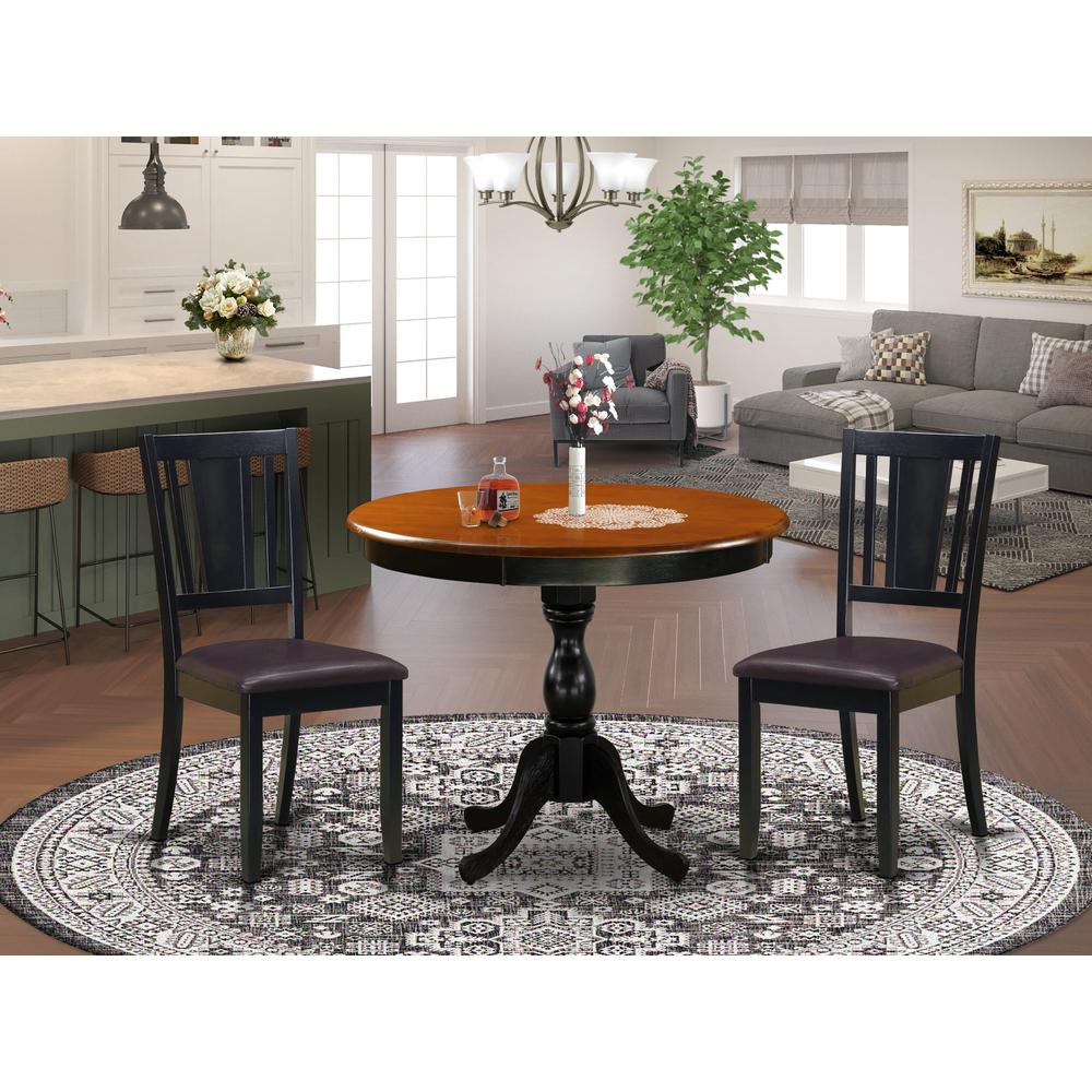 East West Furniture 3-Pc Dining Room Table Set Contains a Mid Century Dining Table and 2 Faux Leather Dining Chairs with Panel Back - Black Finish. Picture 2
