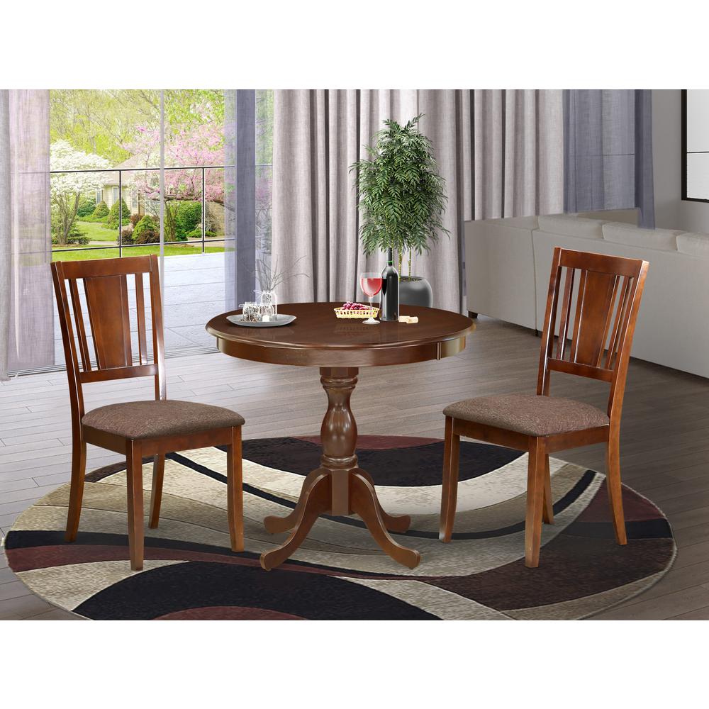AMDU3-MAH-C 3 Piece Dining Table Set - 1 Round Pedestal Table and 2 Mahogany Kitchen Chair - Mahogany Finish. Picture 2