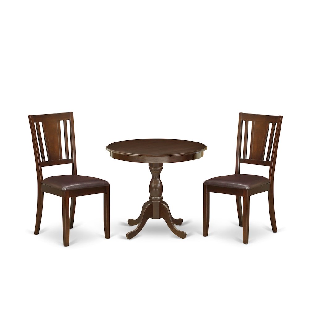 AMDU3-MAH-LC 3 Piece Modern Dining Table Set Contains 1 Round Pedestal Table and 2 Mahogany Faux Leather Kitchen Chair with Panel Back - Mahogany Finish. Picture 1