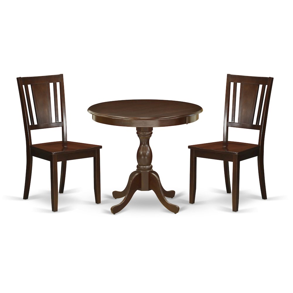 East West Furniture 3 Piece DINETTE SET Consists of 1 Pedestal Dining Table and 2 Mahogany Dinning Chairs with Panel Back - Mahogany Finish. Picture 1