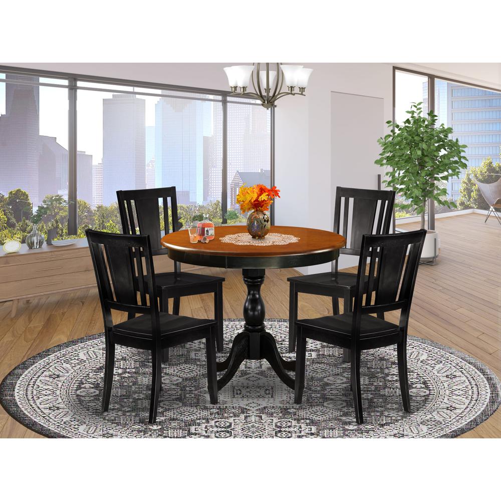East West Furniture 5-Piece Dining Room Table Set Contains a Dining Table and 4 Wooden Dining Chairs with Panel Back - Black Finish. Picture 2