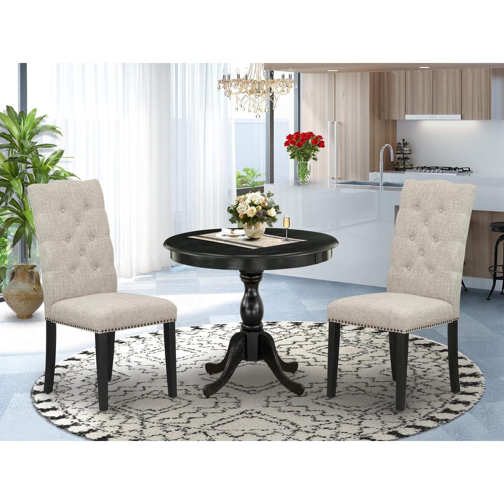 East West Furniture 3 Piece Dining Set Consists of 1 Modern Dining Table and 2 Doeskin Linen Fabric Dining Chairs Button Tufted Back with Nail Heads - Wire Brushed Black Finish. Picture 2