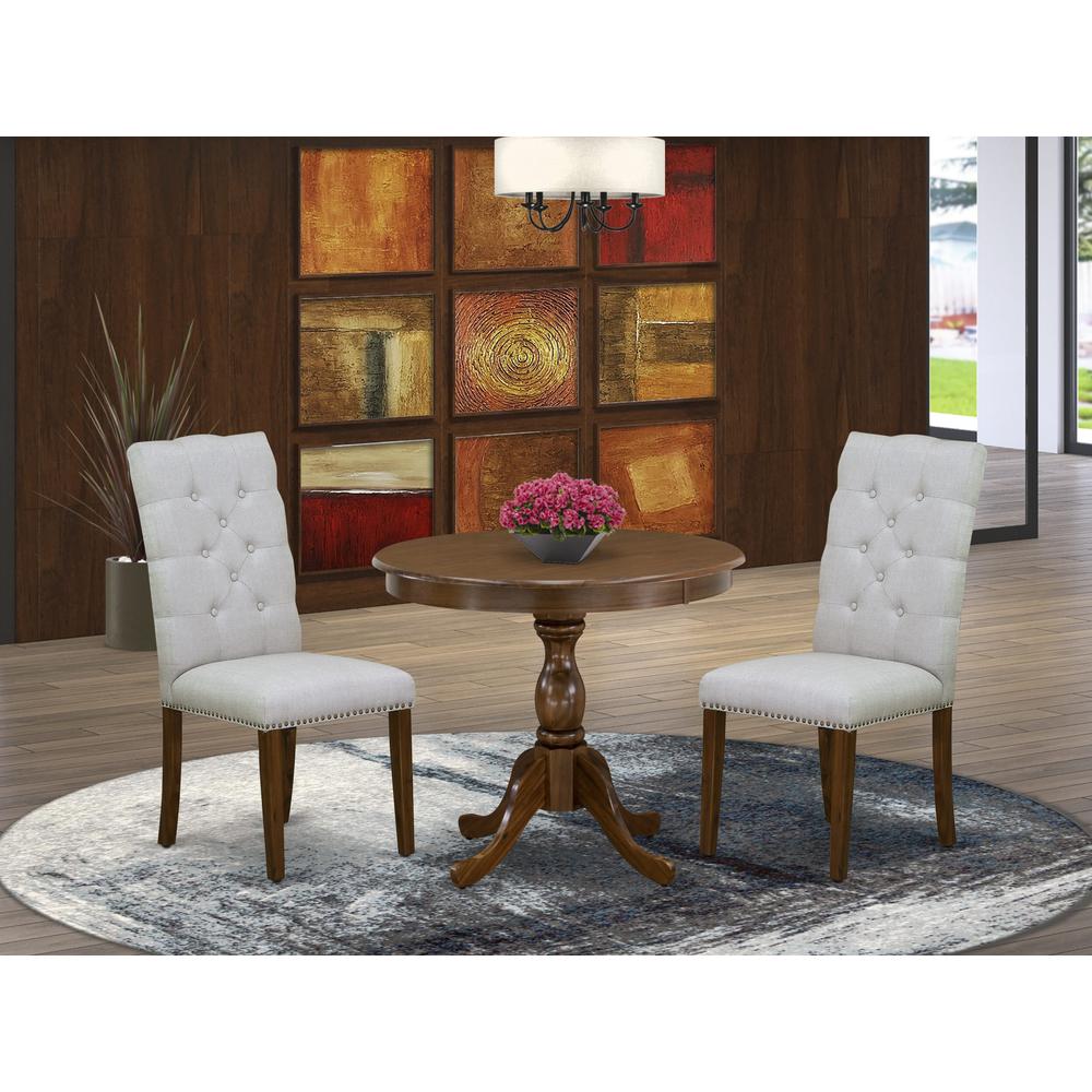 East West Furniture 3 Piece Dinette Set Consists of 1 Pedestal Table and 2 Grey Linen Fabric Kitchen Chair Button Tufted Back with Nail Heads - Acacia Walnut Finish. Picture 2