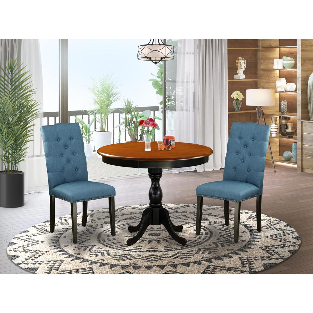 East West Furniture 3-Pc Dining Table Set Includes a Wooden Dining Table and 2 Blue Linen Fabric Parson Chairs with Button Tufted Back - Black Finish. Picture 2