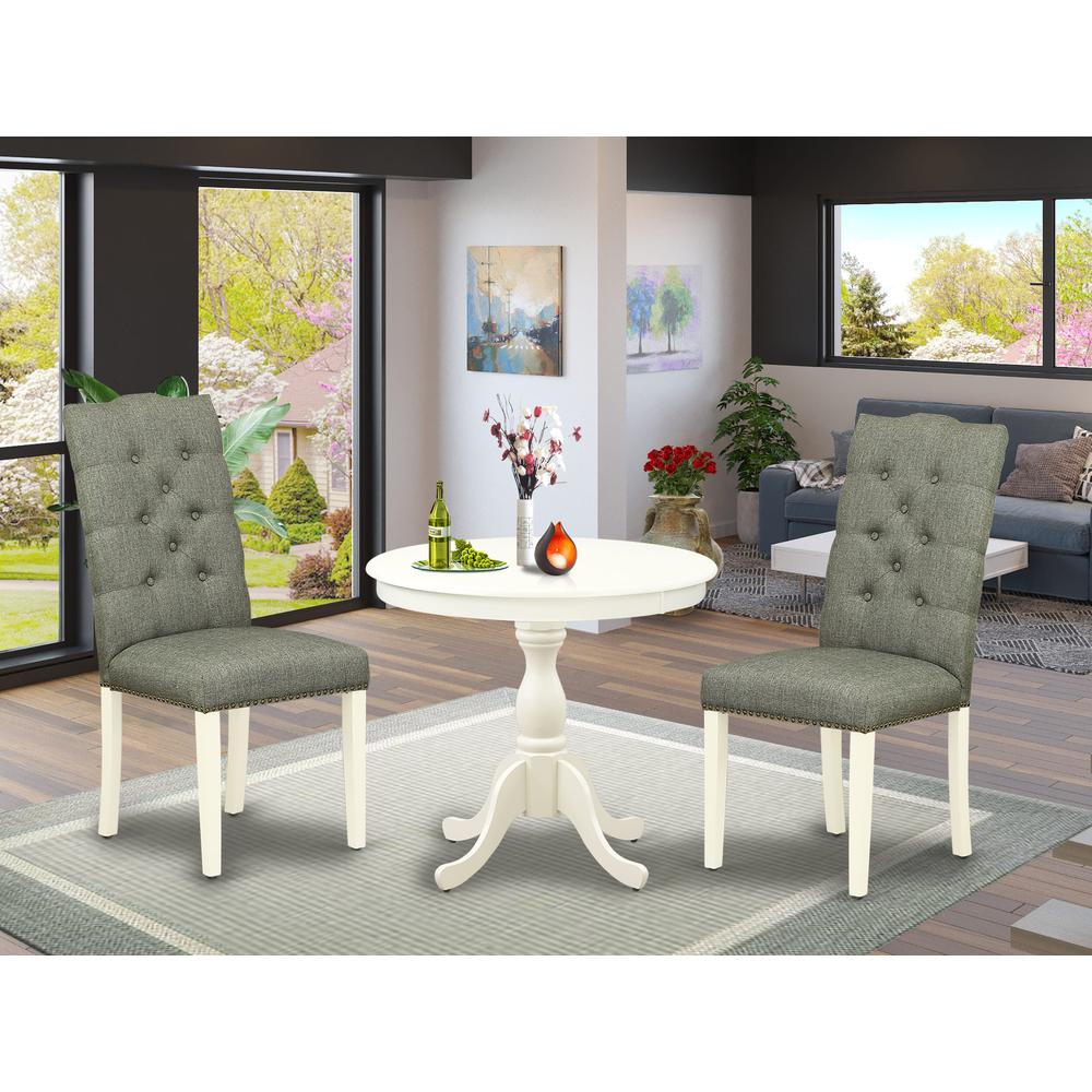 AMEL3-LWH-07 3 Piece Dining Set - 1 Round Pedestal Table and 2 Smoke Dining Room Chairs - Linen White Finish. Picture 2