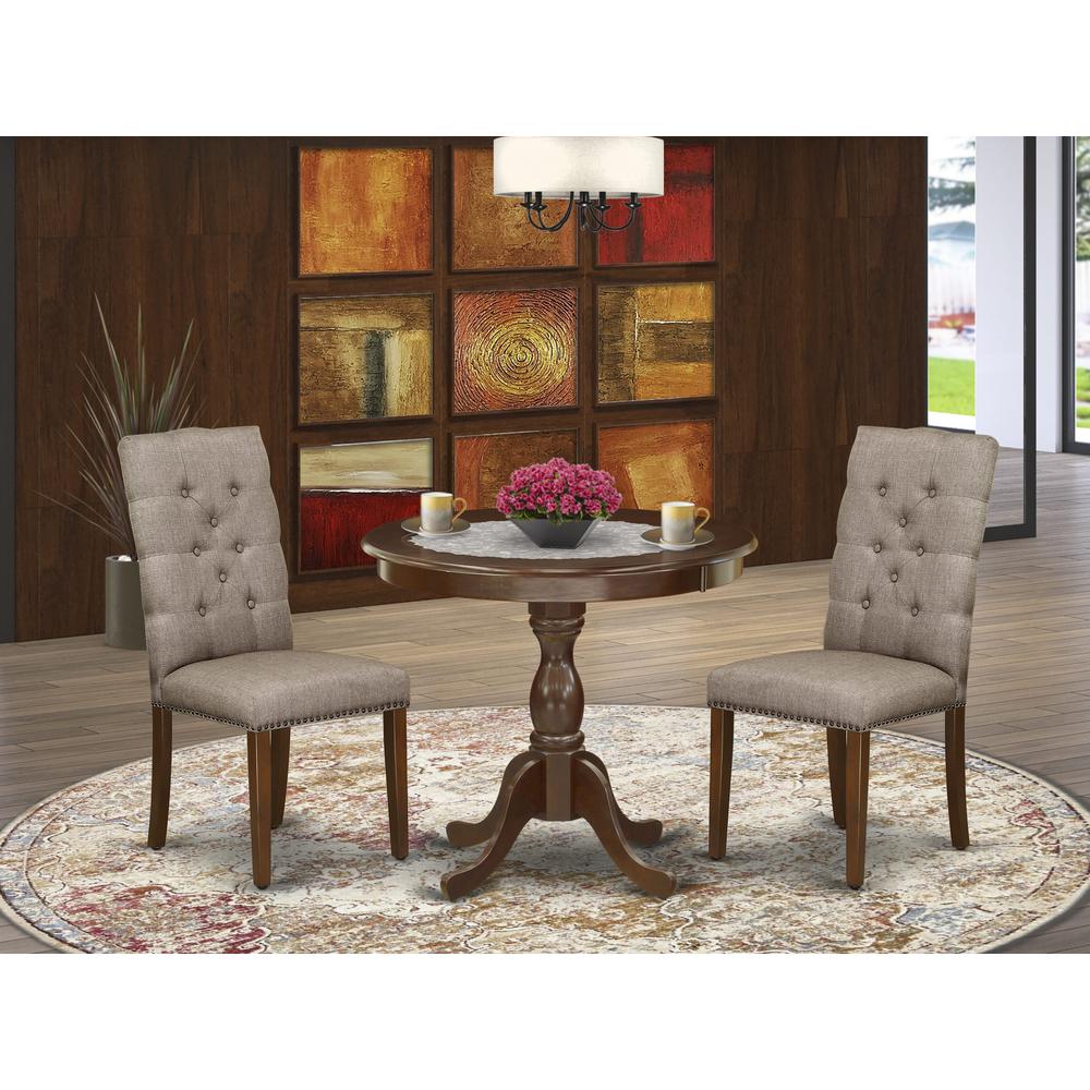 AMEL3-MAH-16 3 Piece Dining Table Set - 1 Dinner Table and 2 Dark Khaki Upholstered Chairs - Mahogany Finish. Picture 2