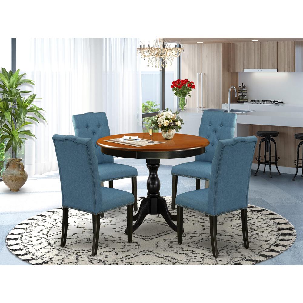 East West Furniture 5-Piece Kitchen Dining Table Set Includes a Round Dining Table and 4 Blue Linen Fabric Kitchen Chairs with Button Tufted Back - Black Finish. Picture 2