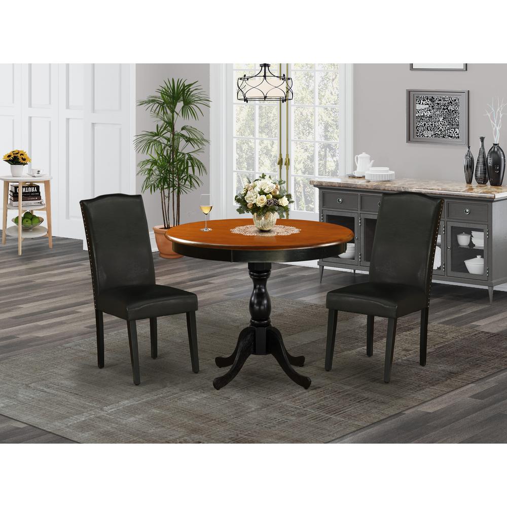 East West Furniture 3-Piece Dinner Table Set Includes a Kitchen Dining Table and 2 Black PU Leather Padded Chairs with High Back - Black Finish. Picture 2