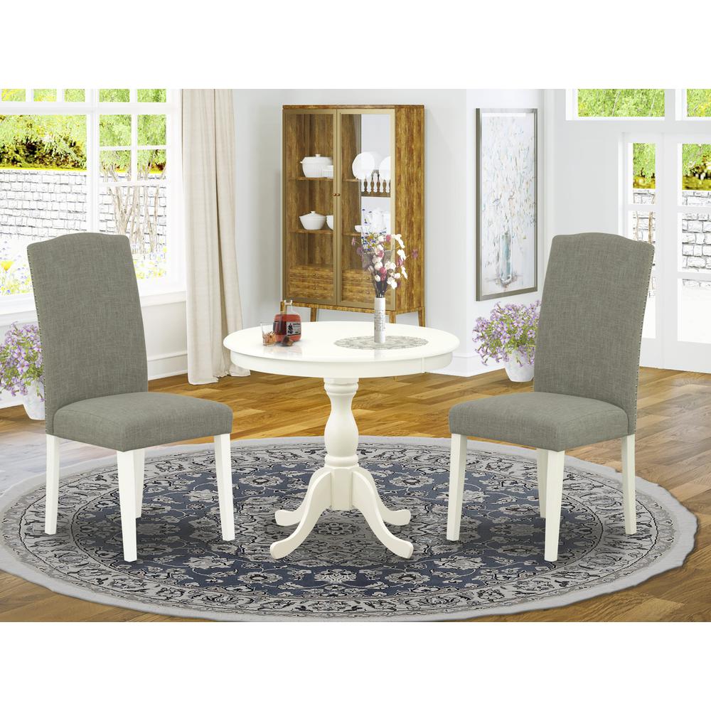 AMEN3-LWH-06 3 Piece Dining Set - 1 Pedestal Table and 2 Dark Shitake Dining Room Chair - Linen White Finish. Picture 2