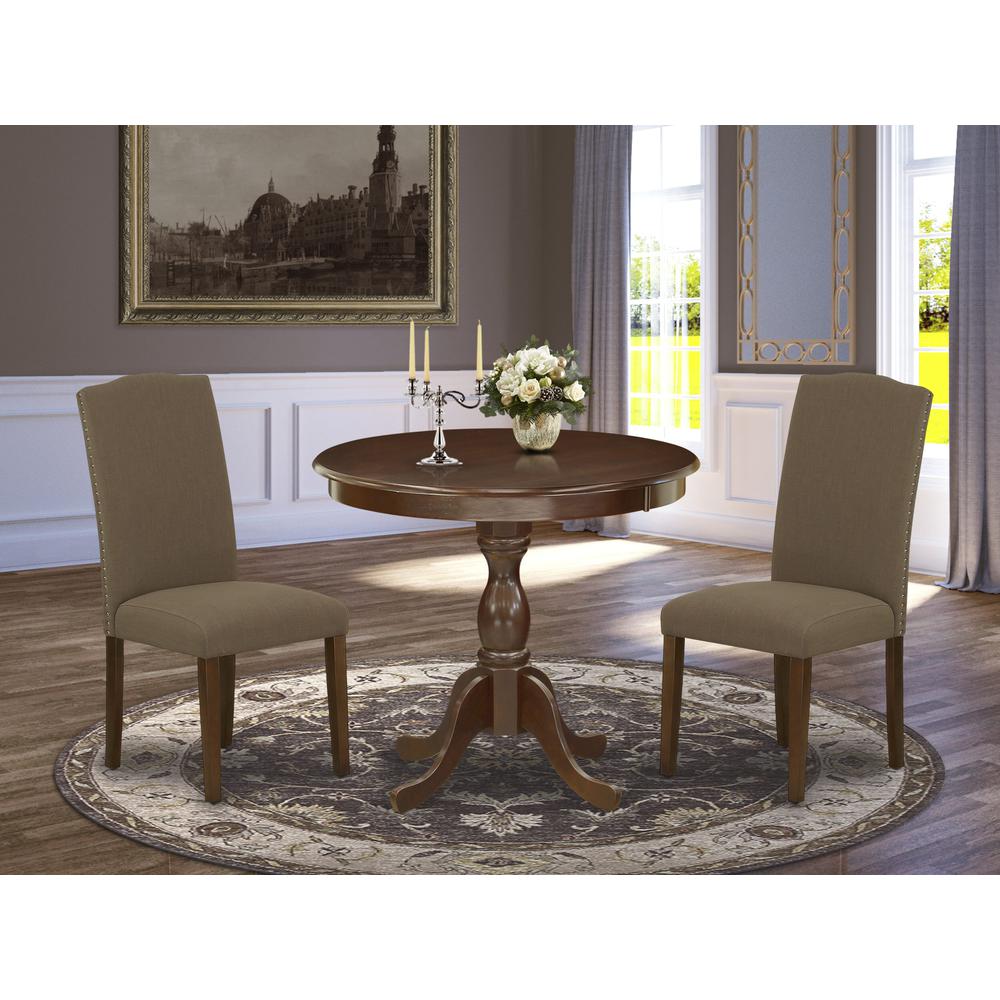 AMEN3-MAH-18 3 Piece Dining Table Set - 1 Pedestal Table and 2 Dark Coffee Dining Chairs - Mahogany Finish. Picture 2