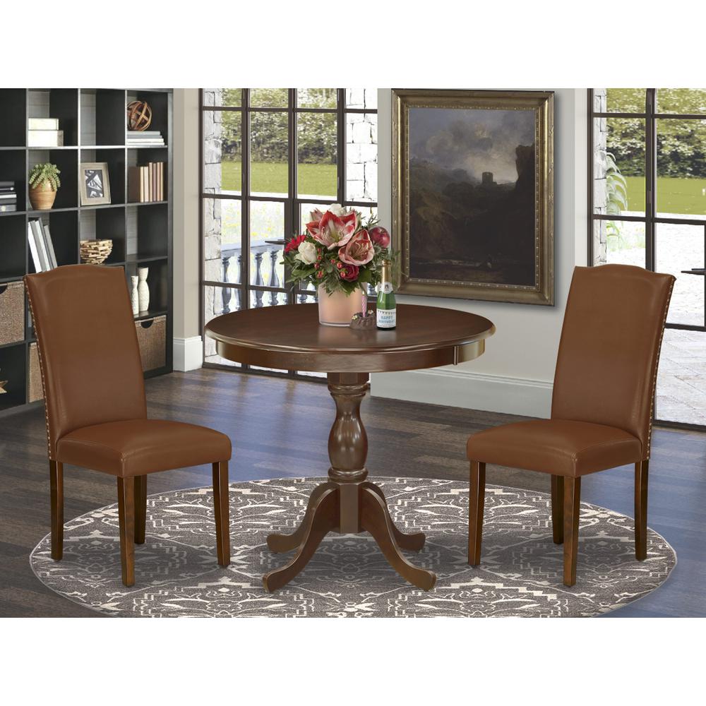 AMEN3-MAH-66 3 Piece DINETTE SET - 1 Wooden Dining Table and 2 Brown Upholstered Chairs - Mahogany Finish. Picture 2