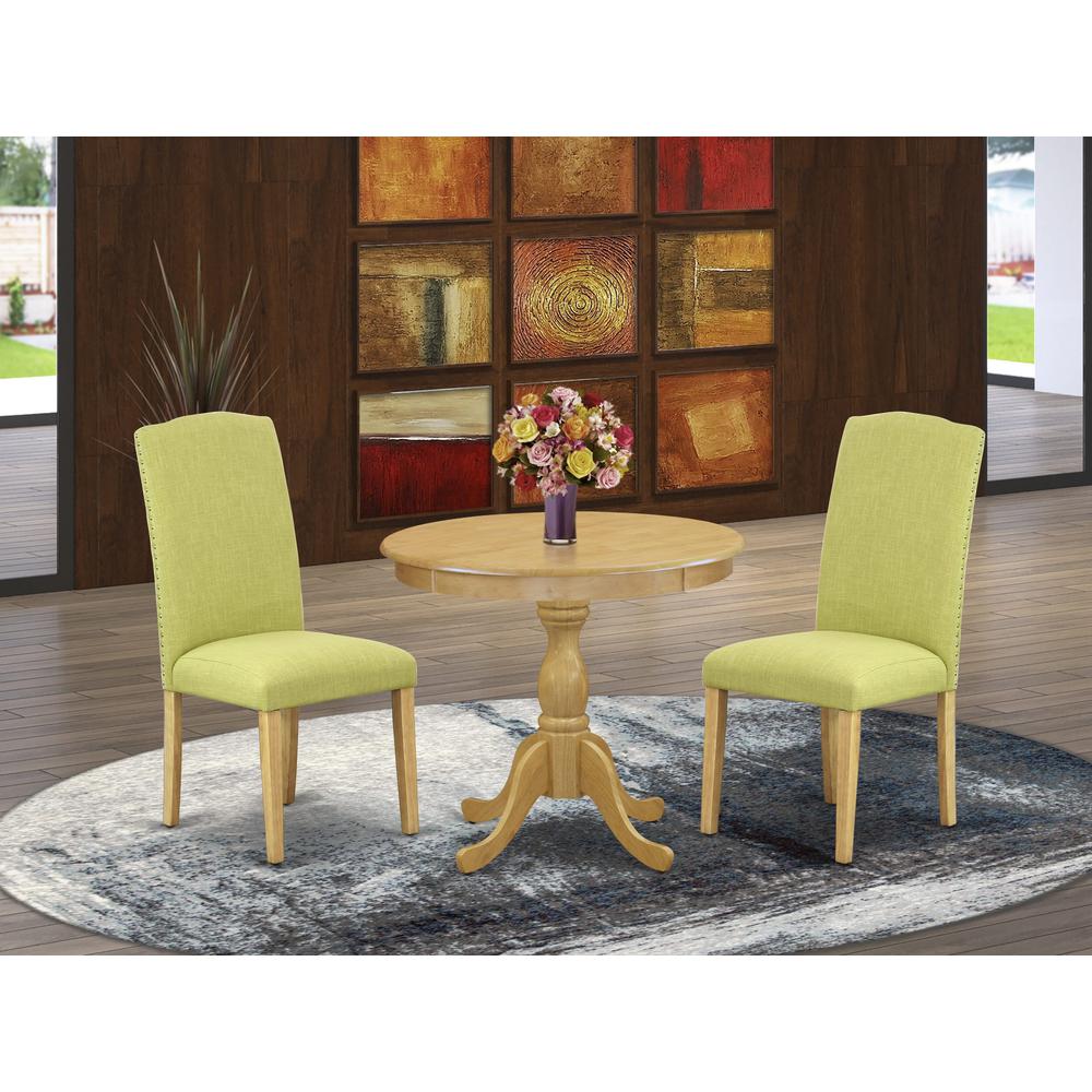 AMEN3-OAK-07 3 Piece DINETTE SET - 1 Dining Table and 2 Limelight Upholstered Dining Chairs - Oak Finish. Picture 2