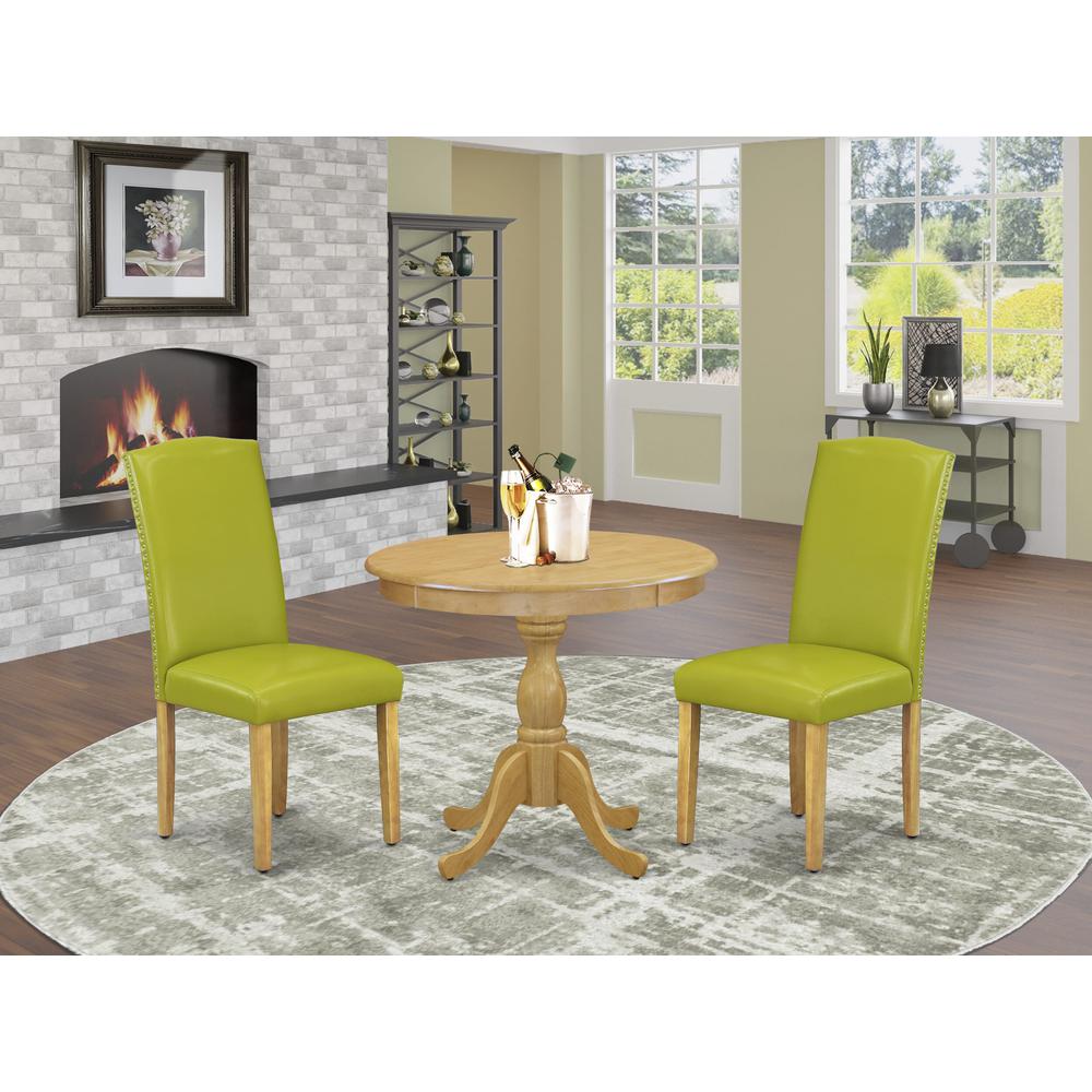 AMEN3-OAK-51 3 Piece Wooden Dining Table Set - 1 Pedestal Table and 2 Autumn Green Parsons Chair - Oak Finish. Picture 2