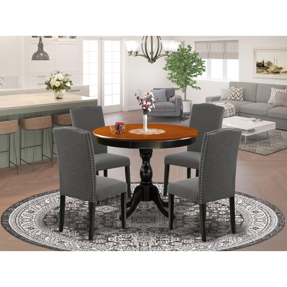 East West Furniture 5-Pc Round Kitchen Table Set Contains a Wood Kitchen Table and 4 Dark Gotham Grey Linen Fabric Kitchen Chairs with High Back - Black Finish. Picture 2