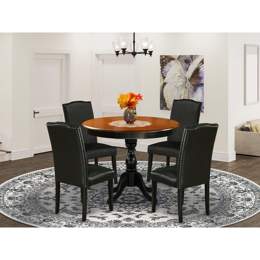 East West Furniture 5-Piece Round Table Set Contains a Wood Kitchen Table and 4 Black PU Leather Upholstered Chairs with High Back - Black Finish. Picture 2